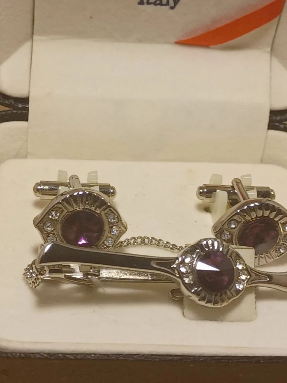 Vintage Glass and Rhinestones Cuff Links with Tie -Clip